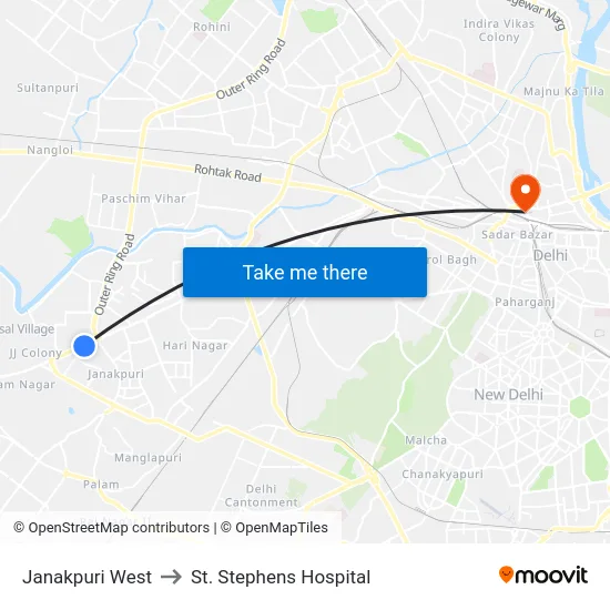 Janakpuri West to St. Stephens Hospital map