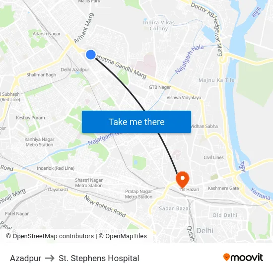 Azadpur to St. Stephens Hospital map