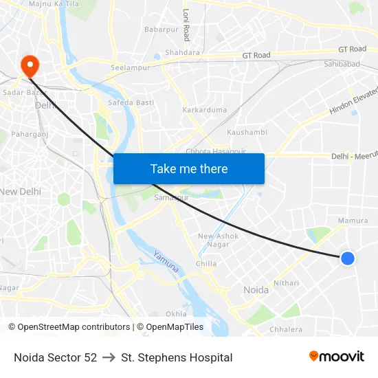 Noida Sector 52 to St. Stephens Hospital map