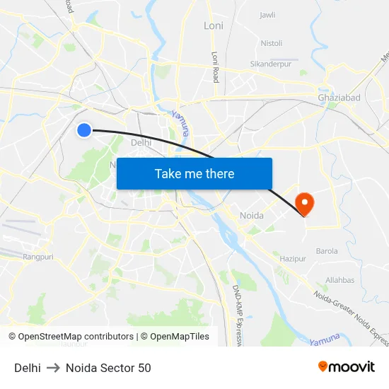 Delhi to Noida Sector 50 map
