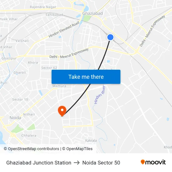 Ghaziabad Junction Station to Noida Sector 50 map