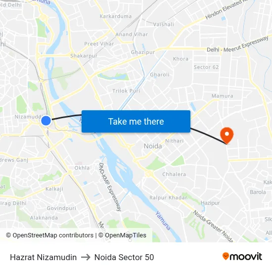 Hazrat Nizamudin to Noida Sector 50 map