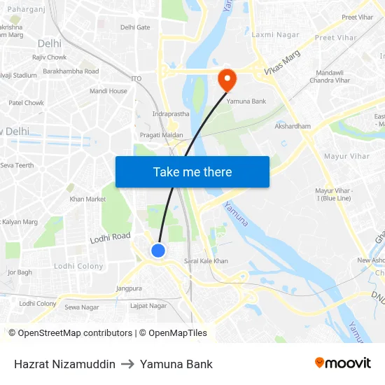 Hazrat Nizamuddin to Yamuna Bank map