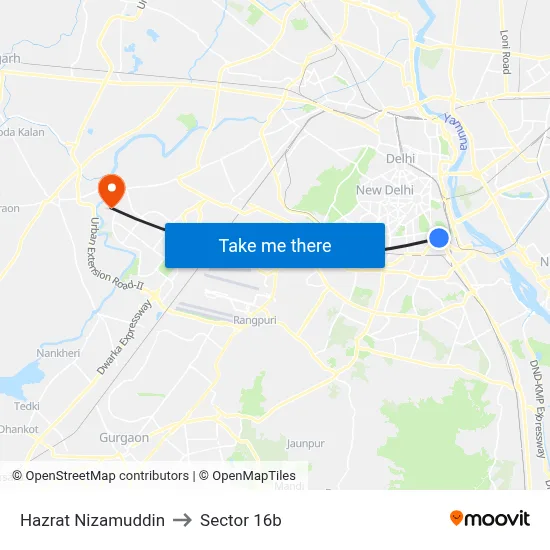 Hazrat Nizamuddin to Sector 16b map