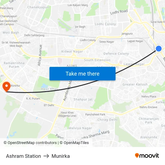 Ashram Station to Munirka map