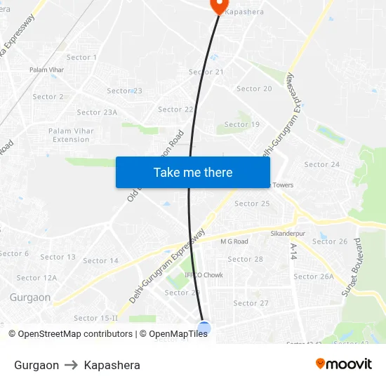 Gurgaon to Kapashera map
