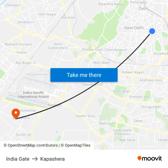 India Gate to Kapashera map