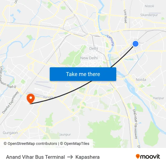 Anand Vihar Bus Terminal to Kapashera map