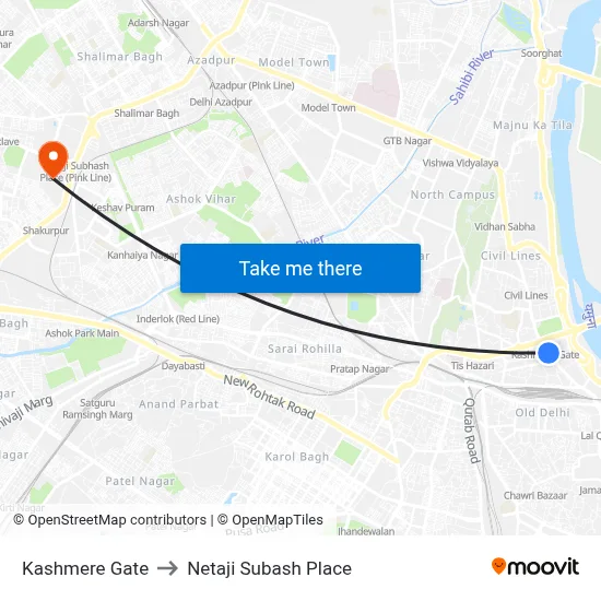 Kashmere Gate to Netaji Subash Place map