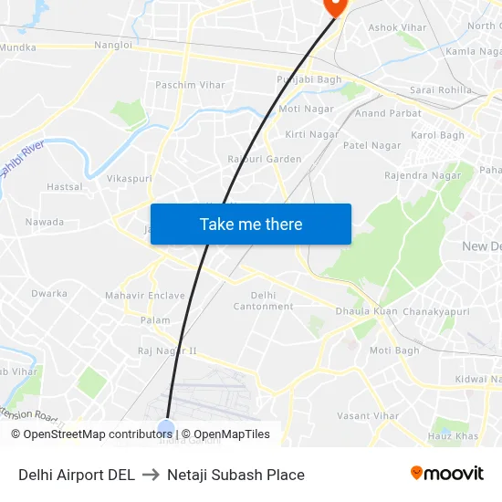 Delhi Airport DEL to Netaji Subash Place map