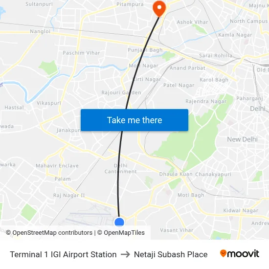 Terminal 1 IGI Airport Station to Netaji Subash Place map