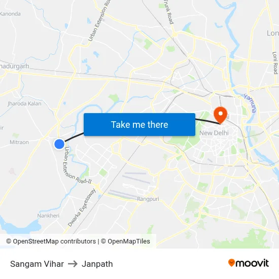 Sangam Vihar to Janpath map