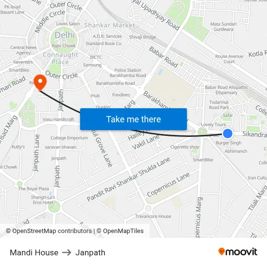 Mandi House to Janpath map