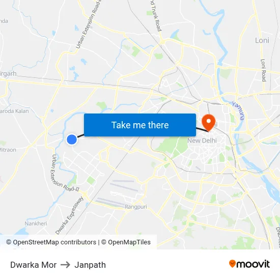 Dwarka Mor to Janpath map