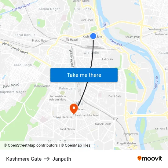 Kashmere Gate to Janpath map