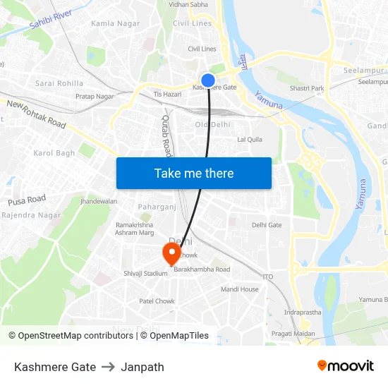 Kashmere Gate to Janpath map