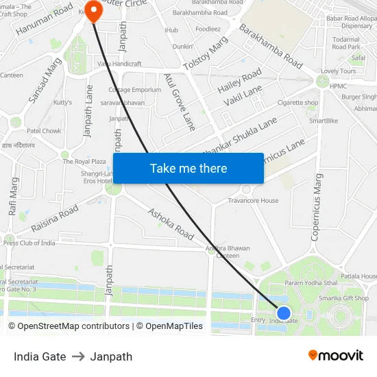 India Gate to Janpath map