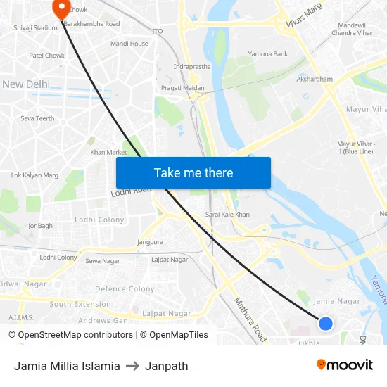 Jamia Millia Islamia to Janpath map