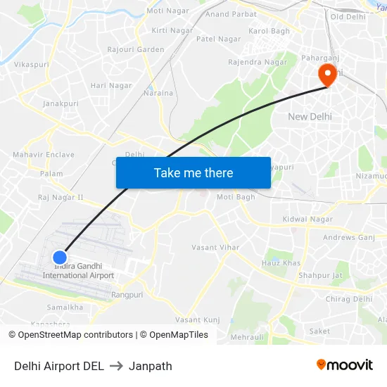 Delhi Airport DEL to Janpath map