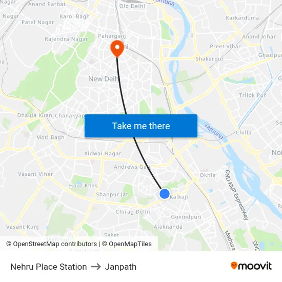 Nehru Place Station to Janpath map