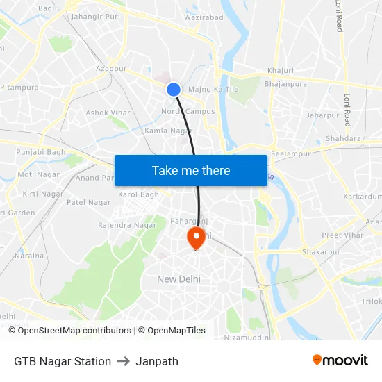 GTB Nagar Station to Janpath map