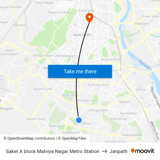 Saket A block Malviya Nagar Metro Station to Janpath map
