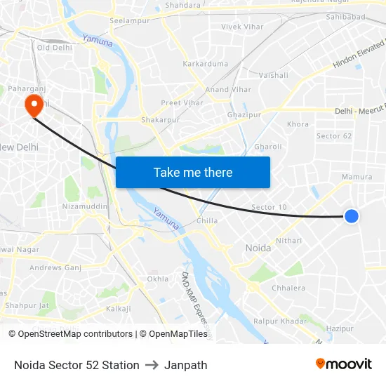 Noida Sector 52 Station to Janpath map