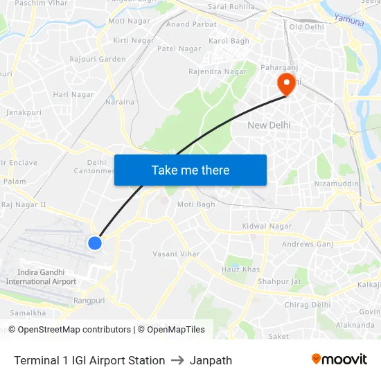 Terminal 1 IGI Airport Station to Janpath map