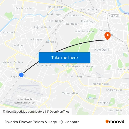 Dwarka Flyover Palam Village to Janpath map