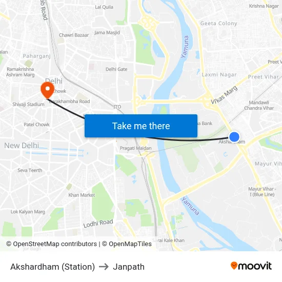 Akshardham (Station) to Janpath map