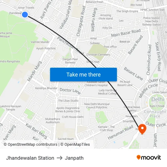 Jhandewalan Station to Janpath map