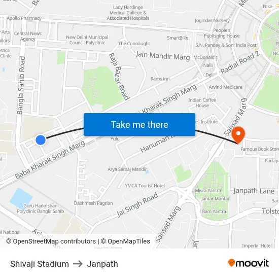 Shivaji Stadium to Janpath map