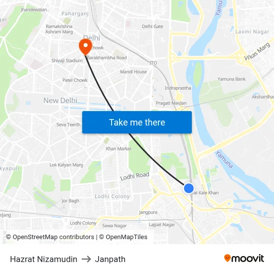 Hazrat Nizamudin to Janpath map