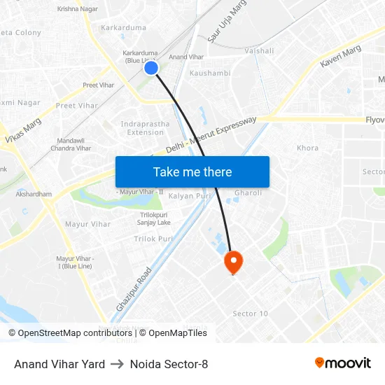 Anand Vihar Yard to Noida Sector-8 map