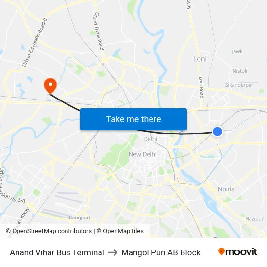 Anand Vihar Bus Terminal to Mangol Puri AB Block map