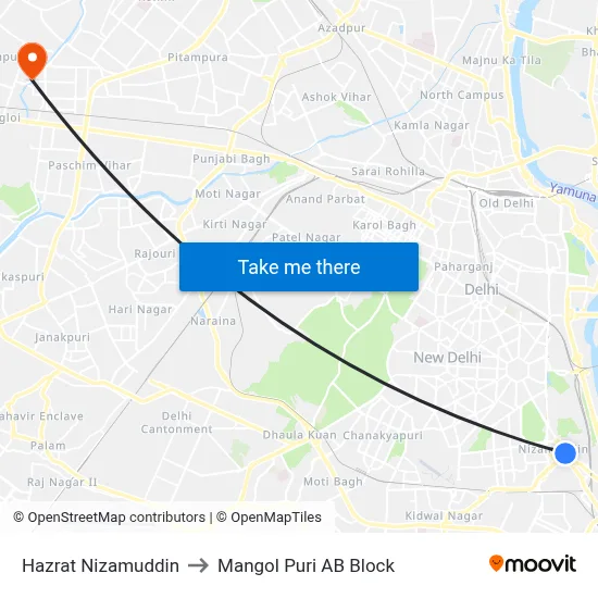Hazrat Nizamuddin to Mangol Puri AB Block map