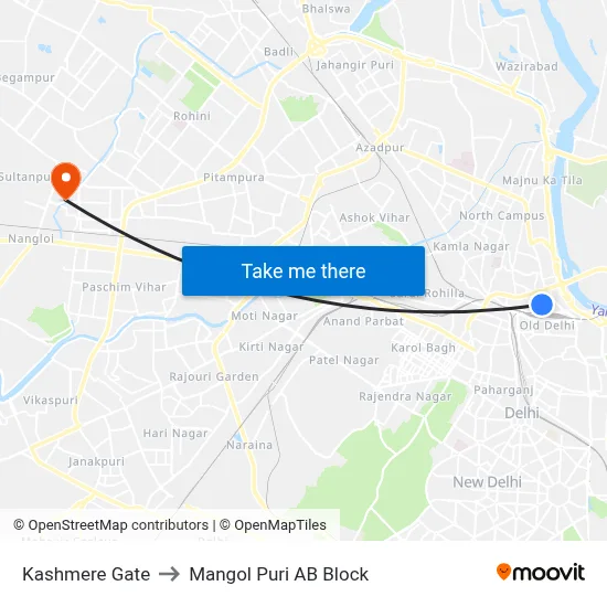 Kashmere Gate to Mangol Puri AB Block map