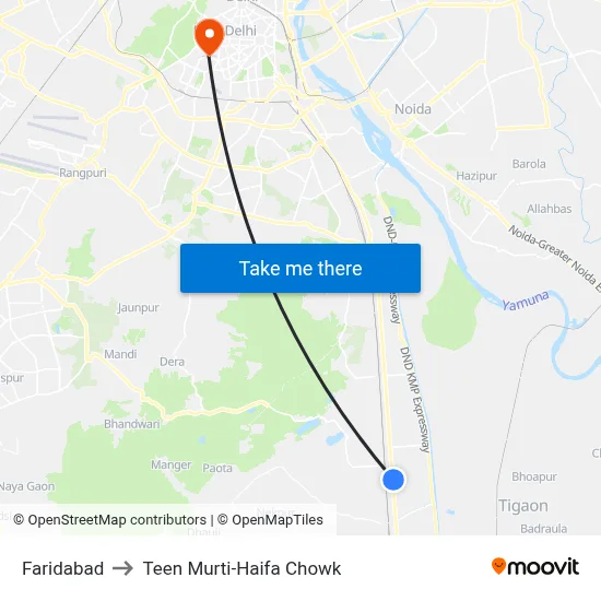 Faridabad to Teen Murti-Haifa Chowk map