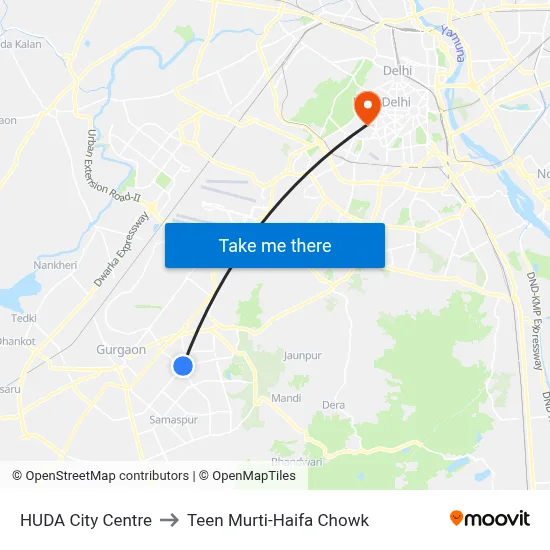 HUDA City Centre to Teen Murti-Haifa Chowk map