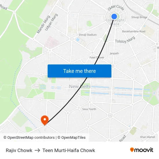 Rajiv Chowk to Teen Murti-Haifa Chowk map