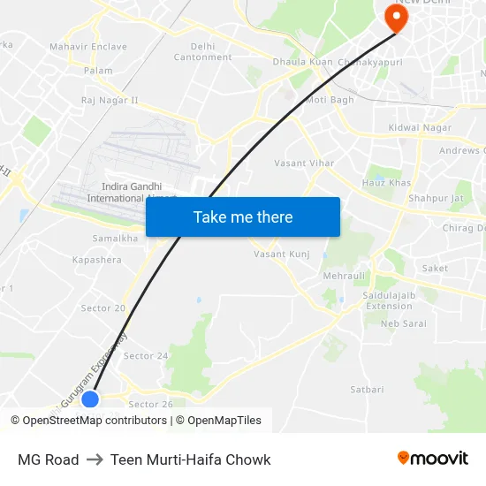 MG Road to Teen Murti-Haifa Chowk map