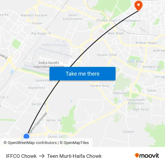 Iffco Chowk to Teen Murti-Haifa Chowk map
