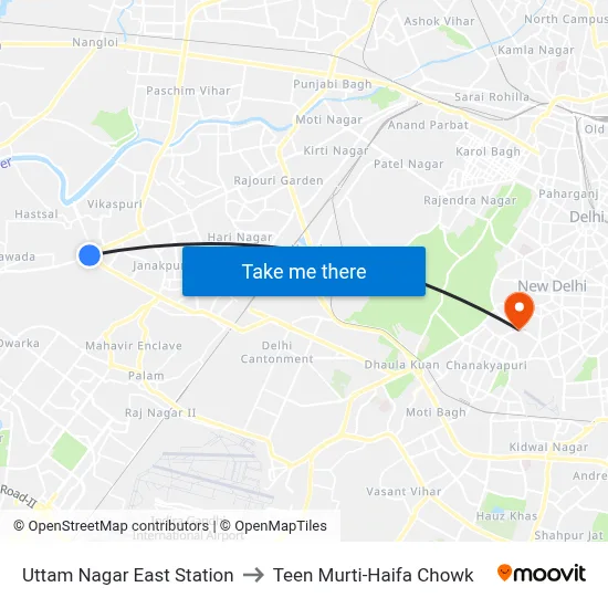 Uttam Nagar East Station to Teen Murti-Haifa Chowk map