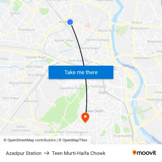 Azadpur Station to Teen Murti-Haifa Chowk map