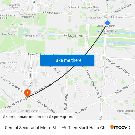 Central Secretariat Metro Station to Teen Murti-Haifa Chowk map