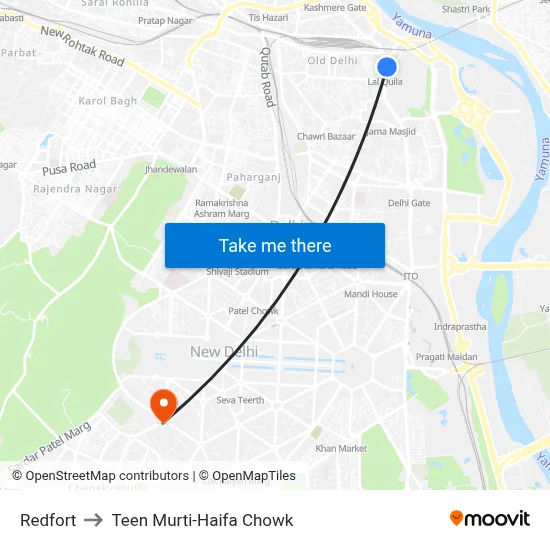 Redfort to Teen Murti-Haifa Chowk map