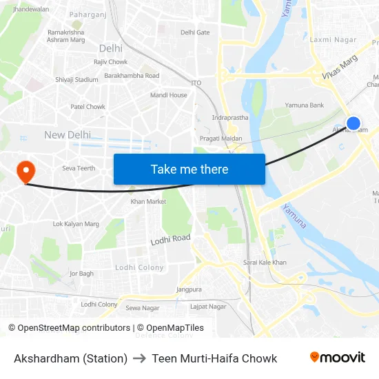 Akshardham (Station) to Teen Murti-Haifa Chowk map