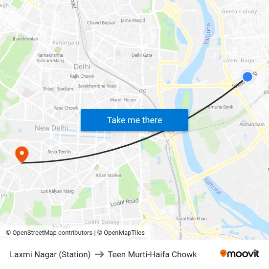 Laxmi Nagar (Station) to Teen Murti-Haifa Chowk map