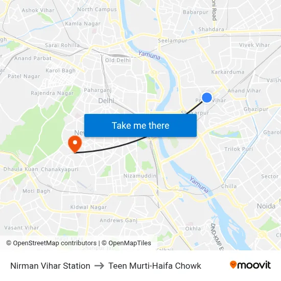 Nirman Vihar Station to Teen Murti-Haifa Chowk map