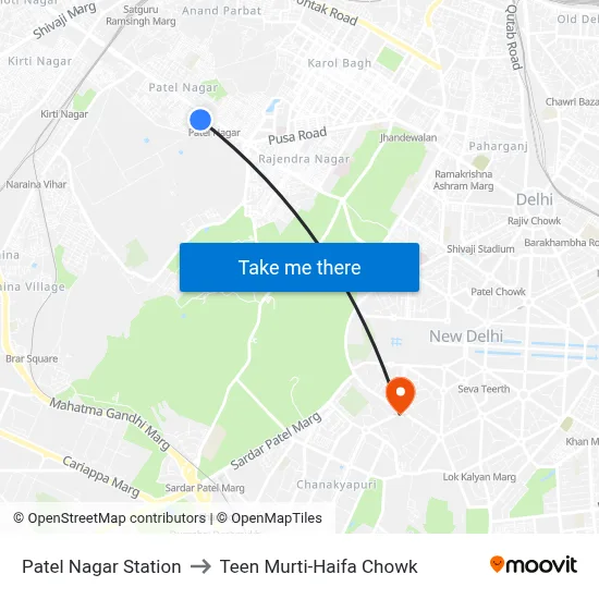 Patel Nagar Station to Teen Murti-Haifa Chowk map